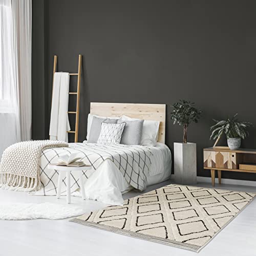 Berber Living Room Rug, Rug for Living Room, Bedroom, Soft and Comfortable, Easy Care, Flat Woven and Thickness 22 mm, 100% Polypropylene, 120 x 170 cm, Black - Cream
