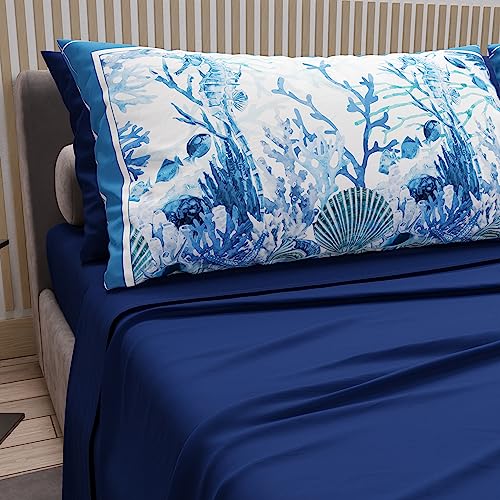 PETTI Artigiani Italiani - Cotton Sheets with Pillowcases in Digital Print, for Single Bed, Complete Top and Bottom Sheet with Corners, Electric Blue, 100% Made in Italy
