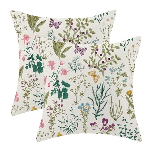 AEIOAE Spring Pillow Covers 22x22 Inch Set of 2,Sage Green Teal Wild Flower Plant Throw Pillows Case,Seasonal Floral Outdoor Decorative Linen Farmhouse Decor Cushion Covers for Home Sofa Bed Couch