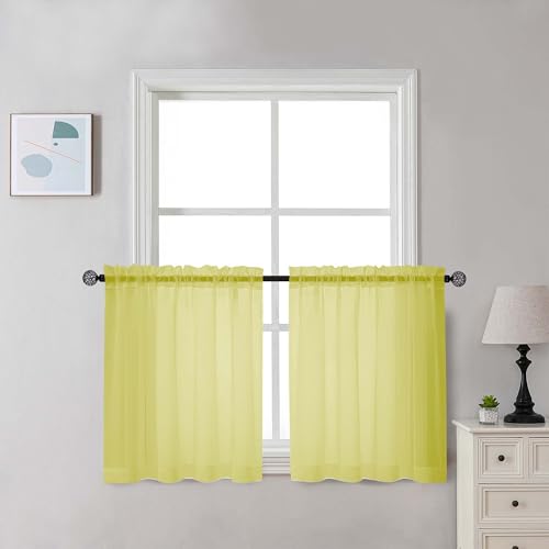 Chyhomenyc Lemon Sheer Curtains 30 inch Length 2 Panels, Light Filtering Voile Rod Pocket Short Window Curtians for Bathroom Living Room Farmhouse Small Windows, 42Wx30L inches