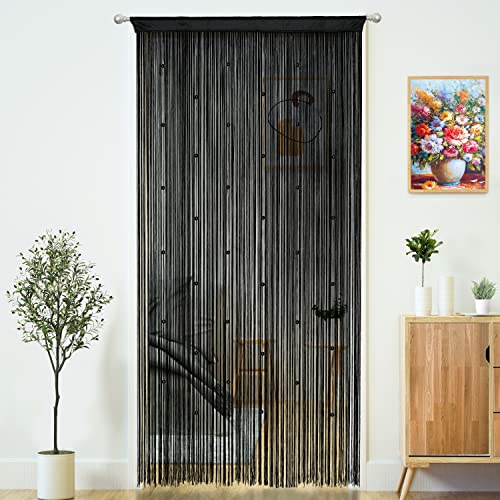 "YaoYue Beaded Curtain Door String Curtains for Doorways Tassels Beads Hanging Fringe Hippie Window Hallway Entrance Wall Closet Bedroom Privacy Decor (Black, 39"" W x 110"" L (Pack of 1))"