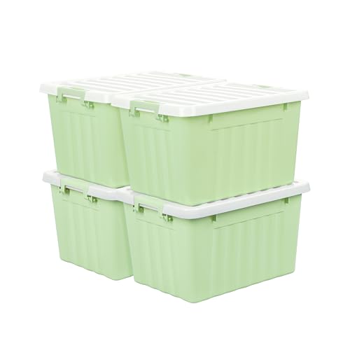 Cetomo 15L*4 Storage Boxes with Lids, Plastic Storage Box with Secure Side Latches, Stackable & Nestable Organizer for Home, Office, Moving, PP, Green, 15L-4 Pack