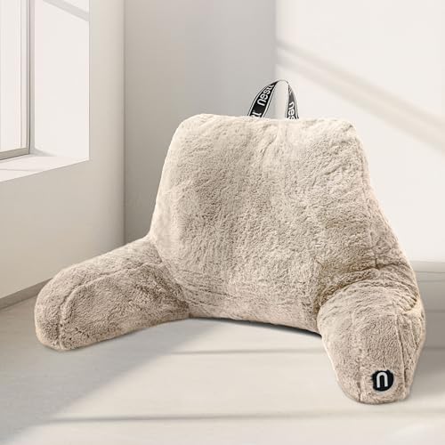 Nestl Fur Reading Pillow, Stylish Back Pillow for Bed Sitting Up, Faux Fur Bed Chair Pillow with Arms, Reading Pillows for Sitting in Bed Adult & Kids, Sit Up Back Support Pillow for Bed Rest - Linen