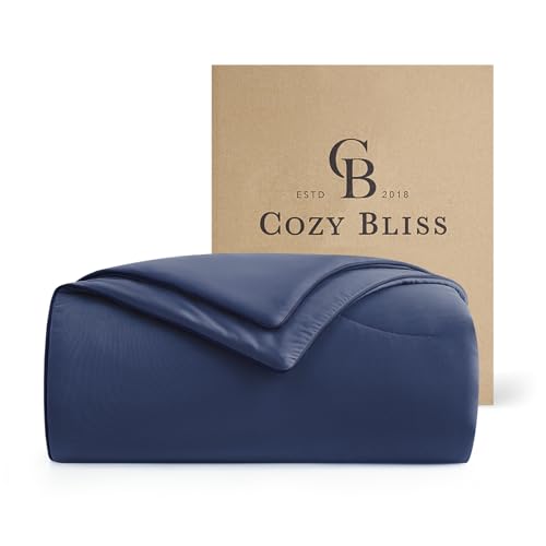 "Cozy Bliss Deluxe Dual-Sided Cooling Comforter Queen Size, Ultra-Soft Lightweight Breathable Silky Cooling Blankets with Q-Max>0.45 for Bedroom, Hot Sleepers & Night Sweats, Dark Blue, 90""x90"""