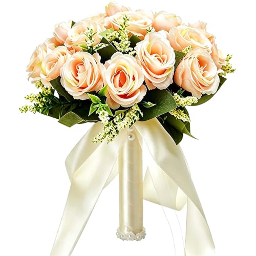 CYANLUX Wedding Bouquets for Bride Bridesmaid Bouquet Champagne White Artificial Roses Flowers for Wedding Valentine's Day Church Home Decoration (1#Champagne)
