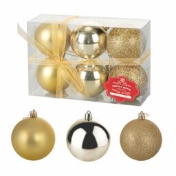 Set of 6 Assorted Gold Christmas Baubles, Shiny, Satin and Glitter Diameter 6 cm, Santa's House