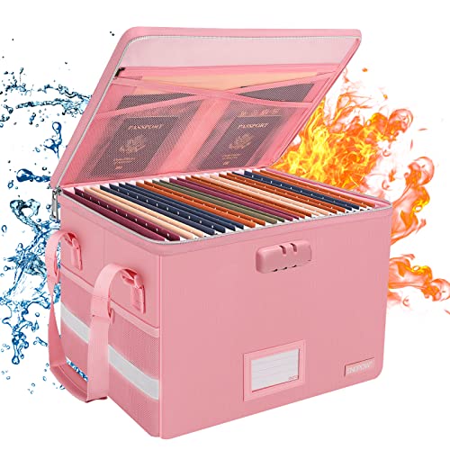 ENGPOW File Box with Lock, Fireproof Document Box with Zipper&Pockets, Collapsible File Organizer Filing Storage Cabinet with Handle, Portable Home Office Safe for Hanging Letter/Legal Folder, Pink