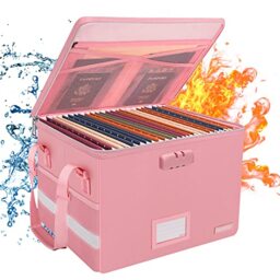 ENGPOW File Box with Lock, Fireproof Document Box with Zipper＆Pockets, Collapsible File Organizer Filing Storage Cabinet with Handle, Portable Home Office Safe for Hanging Letter/Legal Folder, Pink