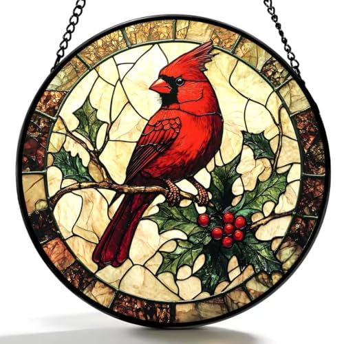 Argodaze Stained Glass Window Hanging Ornament, The Red Bird Stopped on The Branch Suncatcher for Window Home Decor Bithday Christmas Monther's Day Gifts for Women Men and Mom (Red, 6.3 * 6.3 in)