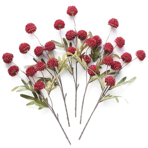 Floroom 5pcs Dark Red Faux Silk Mums Artificial Flowers, Bulk Fake Small Mini Chrysanthemums with Stems for DIY Wedding Centerpieces Floral Arrangements Vase Fillers Home Decorations
