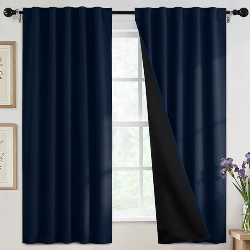 SimpleHome 100% Blackout 63 Inch Navy Blue Curtains for Living Room - Curtains for Bedroom,Rod Pocket and Back Tab Window Drapes,Room Darkening Curtains with Black Back,52 x 63 Inch,2 Panels