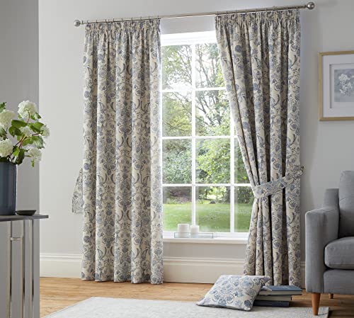 "Dreams & Drapes - Blue Damask Curtains W66 x L54"" (168 x 137cm) - 2x Panels - 100% Cotton - 2x Curtains Tie Backs - Vintage Baroque Curtains & Drapes - Delft/Willowware Curtains in Blue China"