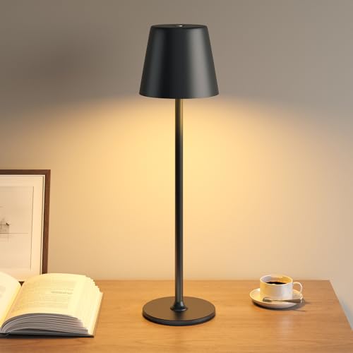 UPXNBOR Night Light, LED Touch Bedside Table Lamp, Cordless Rechargeable USB Table Lamp, 3-Level Dimmable Brightness, IP54 Waterproof, Full Metal Housing, Dual Battery Power, Black