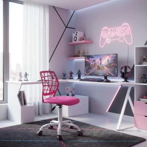FurnitureR Compact Gaming Chair, PP Hollow Backrest, Adjustable Height, Ergonomic Swivel Foam Seat, 5 Wheels Iron Base, for Reading, Drawing, Gaming, Dark Pink
