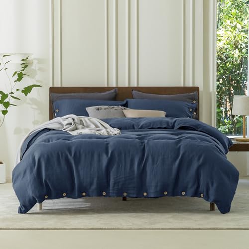 EVERLY 100% Pure Linen Duvet Cover Set Twin Size 68X90Inch 3pcs (1 Duvet Cover,1Pillowcases) Soft and Breathable for All Season with Coconut Button Closure, Suitable for Hot Sleepers-Navy Blue