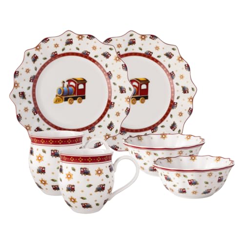 Villeroy & Boch - Toy's Delight Breakfast Set for 2 Locomotive 6 Pieces Multicoloured, Christmas, Crockery Set with Breakfast Plates, Cups and Bowls, Christmas Dishes, Premium Porcelain