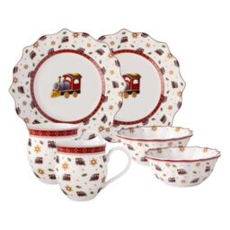 Villeroy & Boch - Toy's Delight Breakfast Set for 2 Locomotive 6 Pieces Multicoloured, Christmas, Crockery Set with Breakfast Plates, Cups and Bowls, Christmas Dishes, Premium Porcelain