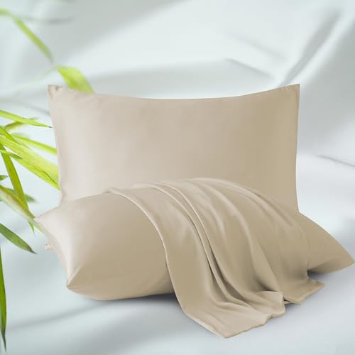 Bamboo Viscose Zippered Pillow Cases Queen Size Set of 2, 400 Thread Count Cooling Pillow Protectors for Hot Sleepers, Luxurious Hotel Quality - Silky, Soft, Breathable (20x30 Inches, Beige)