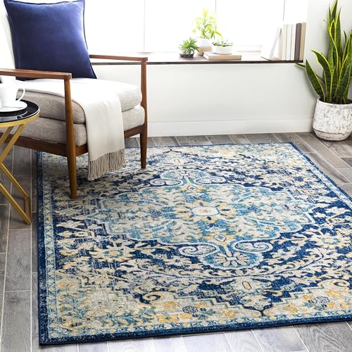 Livabliss Maverick Manama Vintage Style Floor Covering 160x220 cm – Traditional Boho Pattern for Living Room, Dining & Kitchen, Easy Care, Navy, Aqua, Cream & Yellow