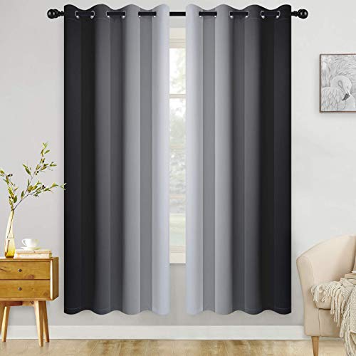 COSVIYA Grommet Ombre Room Darkening Curtains 72 inch Length 2 Panels, Black and Grayish White Gradient Drapes Light Blocking Insulated Thermal Window Curtains for Bedroom/Living Room,52x72 inches