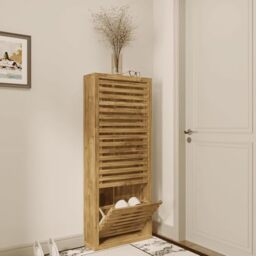 Home Source 3 Tier Shoe Cabinet – Modern Tall Shoe Storage Cupboard for 18 Pairs – Space-Saving 3 Door Flip-Down Shoe Rack for Hallway, Bedroom or Porch – Durable Wooden Shoe Organiser in Oak Finish