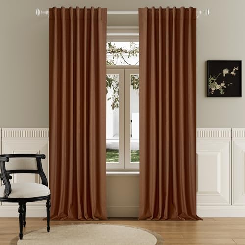 DUALIFE 120 Inch Extra Long Linen Rust Curtains Floor to Ceiling for Sliding Glass Doors 2 Panels, Flax Linen 100% Blackout Elegant Boho Thermal Curtains for Large Windows 10 FT Drapes,50 x 120 Inch
