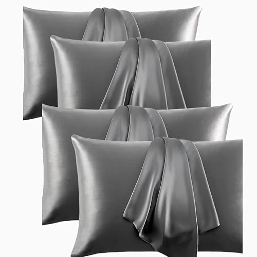 Satin Pillowcase Set of 4 -Silky Pillow Cases for Hair and Skin, Pillow Covers with Envelope Closure, Gifts for Women Men (4, Dark Grey, Standard)