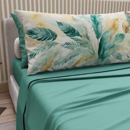 PETTI Artigiani Italiani - Double Bed Sheets Cotton with Pillowcases in Digital Print, Double Bed Sheet with Teal Palm Design, 100% Made in Italy