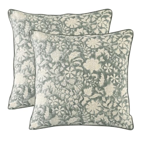 CPC Throw Piping Pillow Covers for Couch, 18x18 Inch Pillows for Living Room, 100% Cotton Boho Cute Outdoor Pillows, Flower Cusion Covers Gift for Christmas, Thanksgiving - Green Ivy Botanical