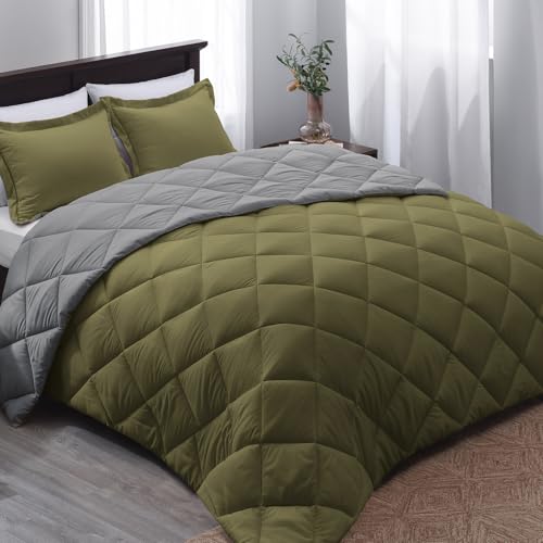 "Basic Beyond Queen Comforter Set - Olive Green Comforter Set Queen, Reversible Bed Comforter Queen Set for All Seasons, Olive Green/Charcoal Gray, 1 Comforter (88""x92"") and 2 Pillow Shams (20""x26""+2"")"