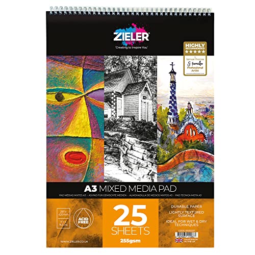 Spiral Bound Mixed Media Art Pad - 255gsm, 25 Sheets - by Zieler??? - Ideal for Wet & Dry Techniques. Made in UK (A3)