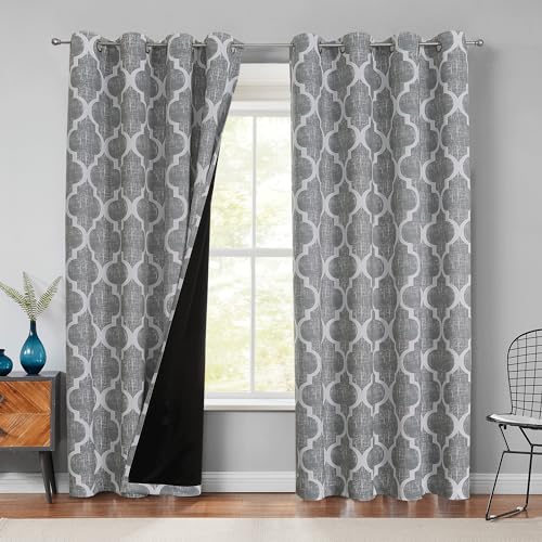 Beauoop Moroccan 100% Blackout Curtains Bedroom Grey 50x108 2 Panels - Geometric Room Darkening Drapes for Living Room 108 Inch Long Thermal Insulated Soundproof Lattice Window Treatment Grommet