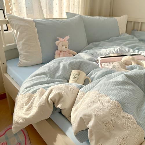 Blue Gingham Duvet Cover King 3 Pieces Blue Plaid Comforter Cover with Chic White Lace Soft Microfiber Checkered Grid Duvet Cover with 2 Pillowcases Breathable Gingham Plaid Bedding Set