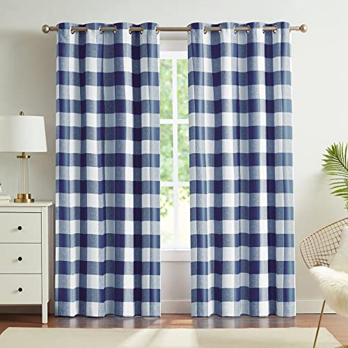 Melodieux Buffalo Check Plaid Blackout Curtains 54 Inches Long for Bedroom, Living Room Thermal Insulated Room Darkening Grommet Drapes, Blue, 50 x 54 Inch, 2 Panels
