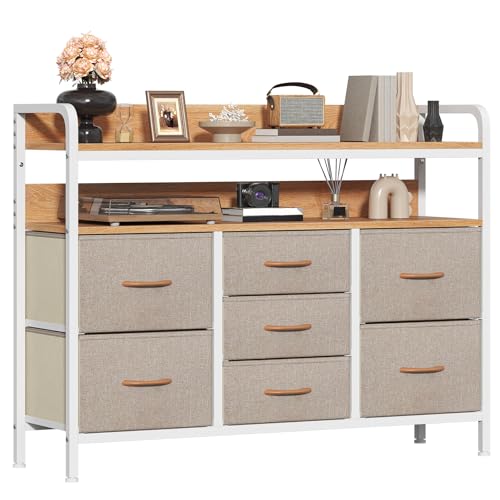 GoaHi Chest of Drawers Bedroom, 7 Fabric Drawers with 2 Layers Shelf, Storage Organizer Unit for Bedroom Living Room Closet, Sturdy Steel Frame & Wooden Top, Fabric Dresser, Beige