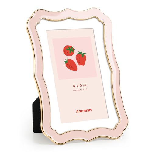 Axeman 4x6 Enamel Picture Frame with Mat for 3x5 Photo-Tempered Glass-4 x 6 Modern Ornate Photo Frame with Gold Metal Edge Velvet Back for Tabletop and Wall Mount Display, Pink