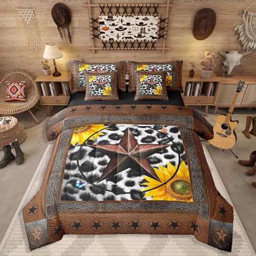 Erosebridal Western Texas Star Bedding Set Queen 7 Piece, Rustic Cowhide Sheet Sets for Kids Teens Adult Room, Cow Print Farm Animal Comforter Set Cowboy Vintage Sunflower Bed in A Bag, Reversible