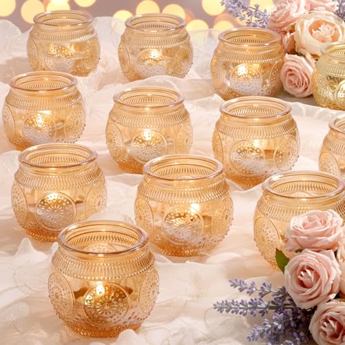 LAMORGIFT Votive Holder, Gold Tealight Candle Holders Set of 48, Gold Party Decorations, Wedding Centerpiece Table Decor, Sunflower Motif, Versatile Home Decor
