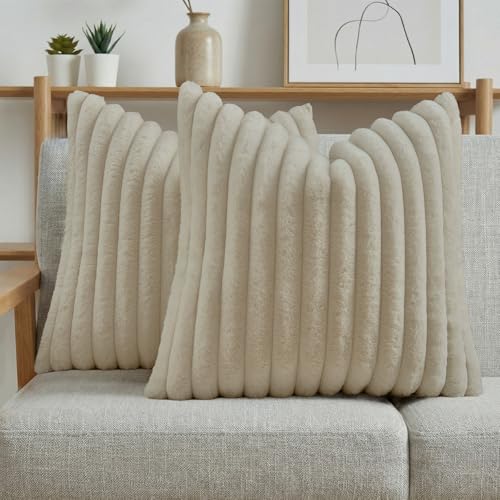 FUTEI Pack of 2 Fluffy Faux Fur Throw Pillow Covers 18x18 Inch Elegant Striped Textured Decorative Cushion Cases Modern Accent Pillow for Couch Bed Living Room, Beige