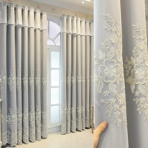 Amidoudou 1 Pair European Double Layer Curtains Luxury Flower Embroidered Curtains for Living Room Bedroom (Grey,52x84 Inch)