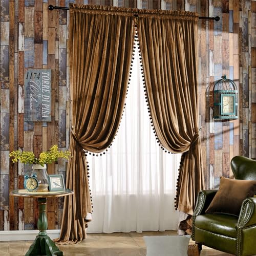 Melodieux Pom Poms Velvet Curtains, Extra Wide for Patio Doors, Vintage Luxury, Bedroom, Living Room, Thermal Insulated, Window Curtains, 254 x 213 cm (W x L), Golden Brown (2 Panels)