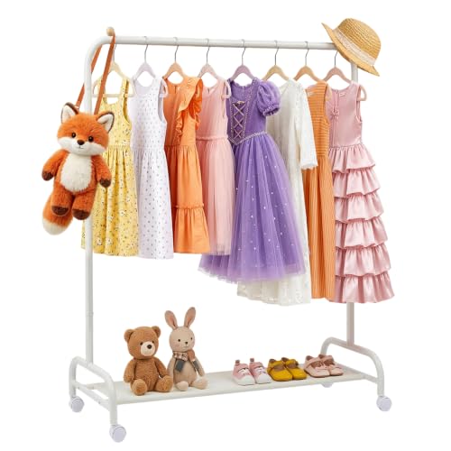 YGJT Kids Clothing Rack (Classic) - Small Toddler Clothes Rack for Hanging Clothes with Wheels & Storage Shelf, Kids Dress Up Storage for Coats-Costume Wardrobe