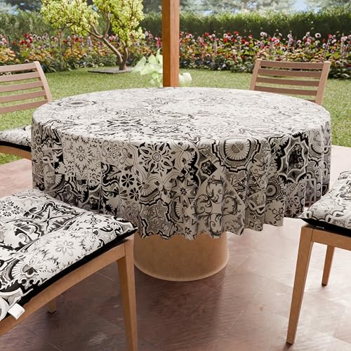 PETTI Artigiani Italiani - Anti-Stain Round Microfibre Tablecloth (Diameter 120 cm), Kitchen Table Cover for Round Table, Vietri 02 Design, Black, 100% Made in Italy