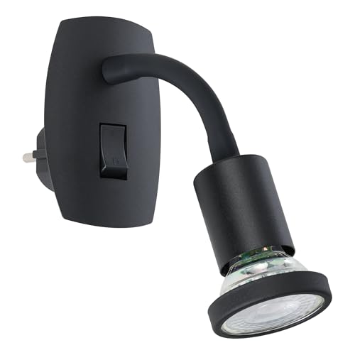Eglo Plug Light Parrini, Socket lamp with Switch, Swivel spot and Flexible arm, Metal Plastic in Black, Warm White