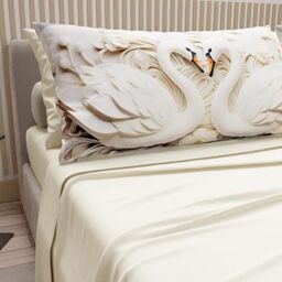 PETTI Artigiani Italiani - Cotton Sheets with Pillowcases in Digital Print, Double Bed Sheet, Cream Swans, 100% Made in Italy
