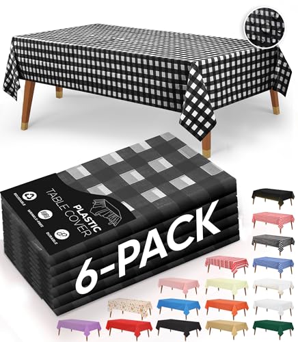 Utopia Kitchen Plastic Table Cloth Disposable (6 Pack - 54x108 Inch) Black Check Rectangle Tablecloth Waterproof Stain Resistant Party Table Cover