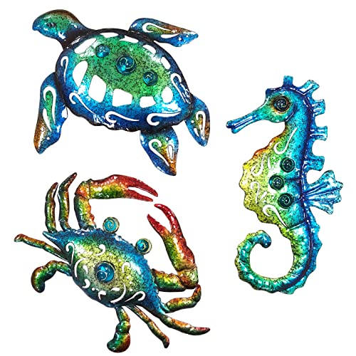 BVLFOOK Beach Wall Decor, Metal Coastal Ocean Tropical Decor, Sea Turtle Crab Seahorse, Nautical Tropical Decor, Wall Art 10 inch 3 Pack
