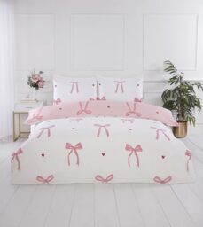 Rapport Home Printed Reversible Microfibre Bedding Double Duvet Cover Set Bows Pink – Cute Pattern Quilt Cover with Pillowcases