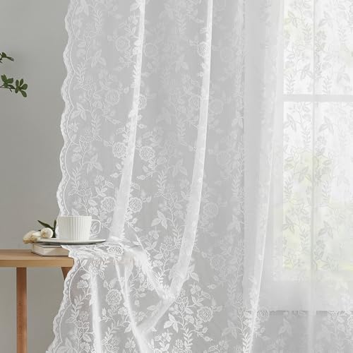 102 Inch Length White Lace Curtains 2 Panels Set Country Rustic Leaf Floral Knitted Vintage Lace Curtains for Living Room Bedroom, Rod Pocket Privacy Antique Sheer Lacy Window Drapes, 52 x 102 Inch
