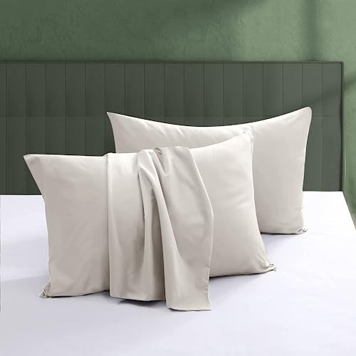 100% Egyptian Cotton Pillow Protectors Set of 2 King Size - 600 Thread Count Pillow Cases with Zipper, Silky Soft Sateen Weave Pillowcases, Breathable, Hotel Quality, Light Beige